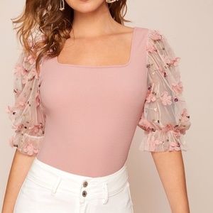 BellanBlue Pink Square Neck Puff Sleeve Floral Applique Top